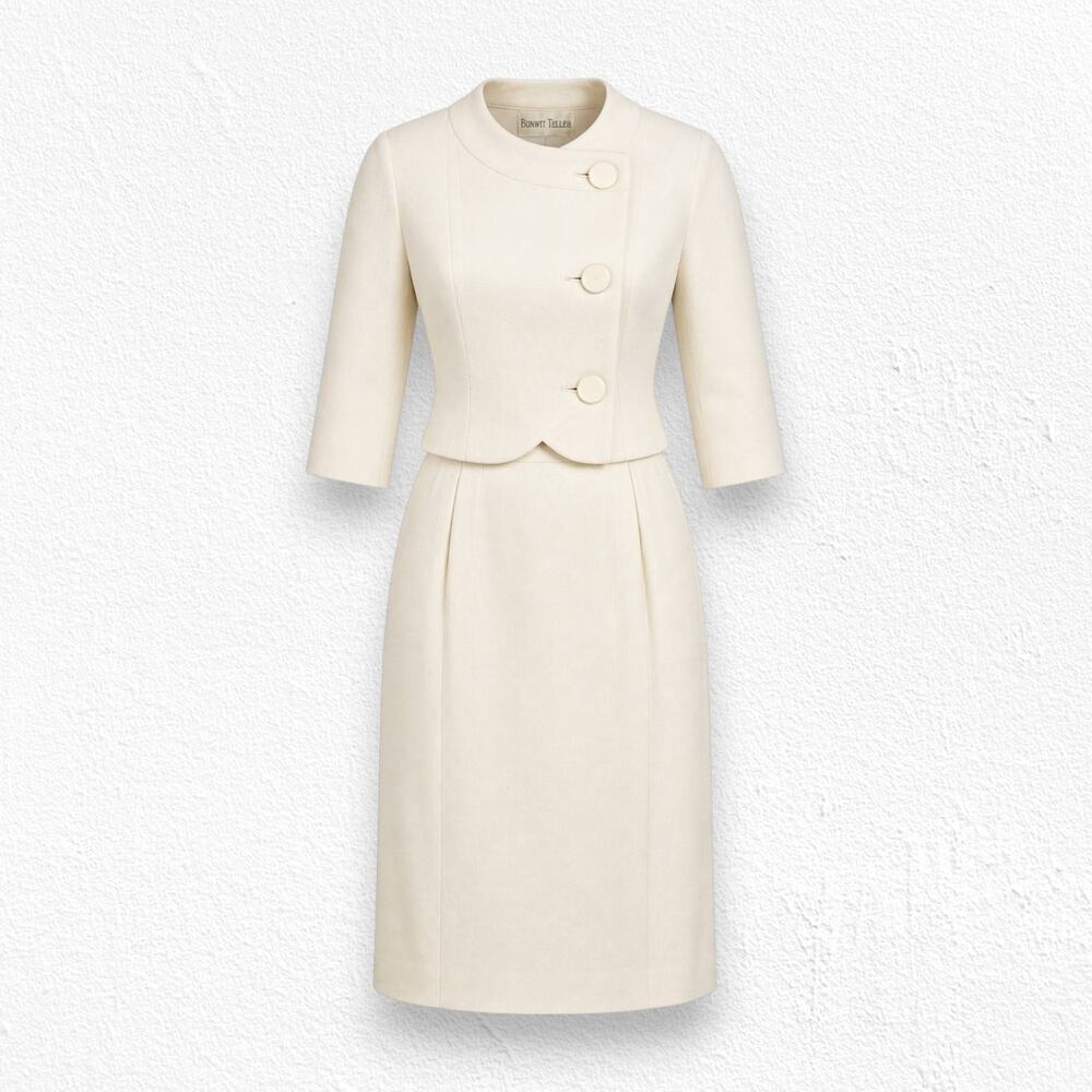 50s Vintage Bonwitt Teller Cream Wool Jackie O Cropped Blazer Skirt Suit Size 4